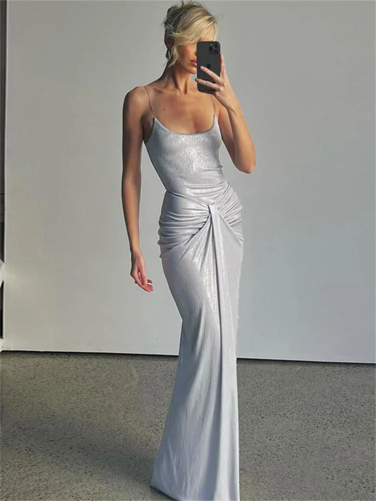 

Tossy Silvery Fashion Halter Dresses For Women Backless Slim Patchwork Spaghetti Elegant Party Dress Ladies Summer Long Dress