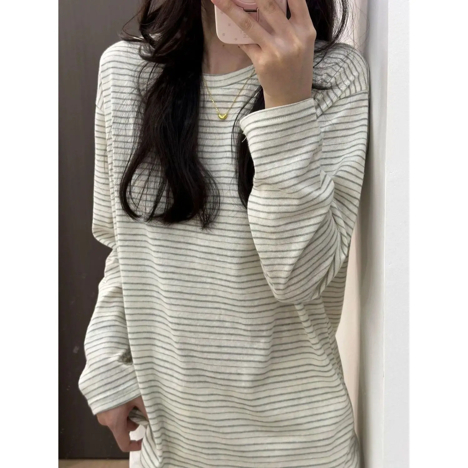 Ladies Loose Long Sleeve T-Shirt Korean Style Cotton Comfortable Breathable Anti-Aging Striped Base Shirt for Early Autumn