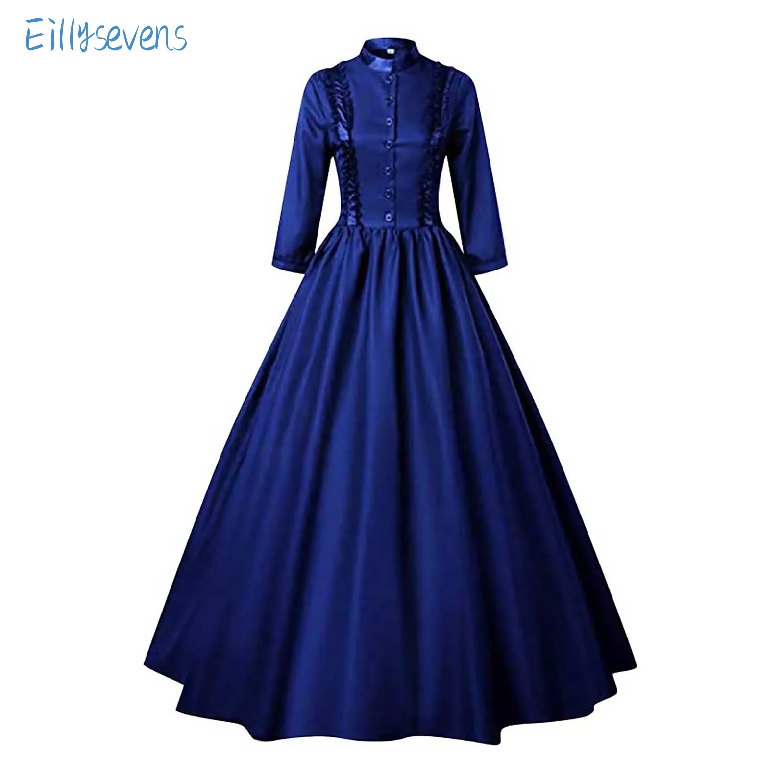 Retro Dress Women Gothic Court Cosplay Costume Solid Big Hem Long Sleeve Square Neck Costumes Slim Fit Button Long Dress