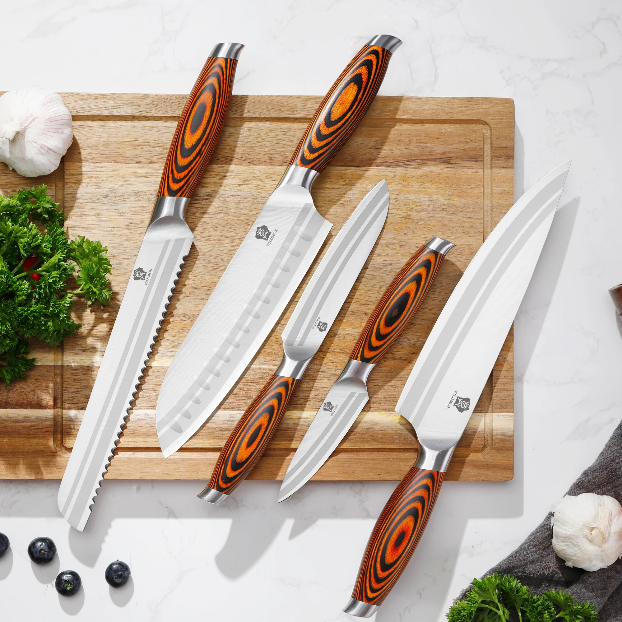 WILDMOK 5PCS Multipurpose Kitchen Knife Set, German Stainless Steel Chef & Fruit Knives with Pakkawood Handle for Daily Cooking