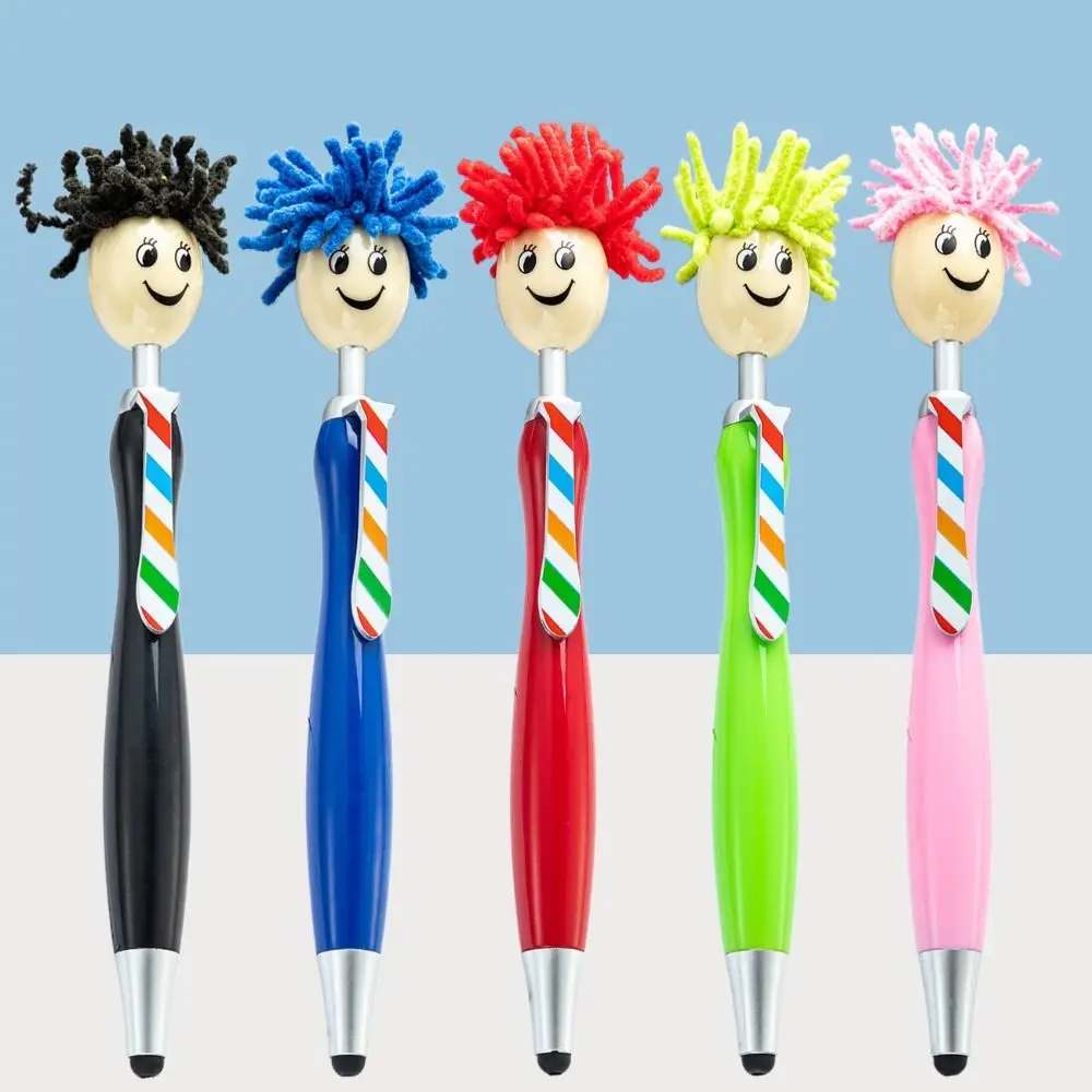 Plush Hair Mop Head Painting Ballpoint Pens Smiling Face Facial Expression Doll Shaped Ballpoint Pens Creative Colorful