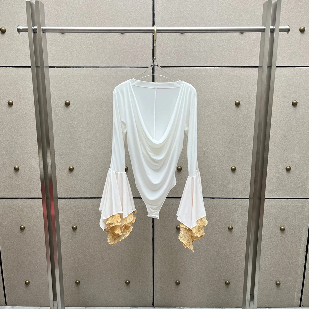 Fashion Women Ruched Front Bodysuit Layered Flared Cuffs Lace Long Sleeve Stretchy Fitted Going Out Tops Casual Evening Outfit