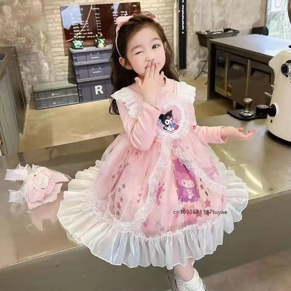 Cartoon Spring Children Lolita Dress Sanrios Anime Kuromi Lace Pearls Birthday Party Kawaii Tulle Dress Lolita Princess Dress