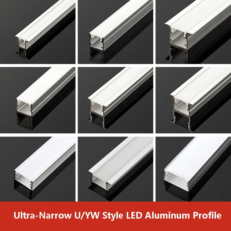 U/YW Style LED Aluminum Profile Ultra-Narrow Cabinet Light Milky PC Diffuse Channel Recessed Bookcase Closet Linear Strip Light