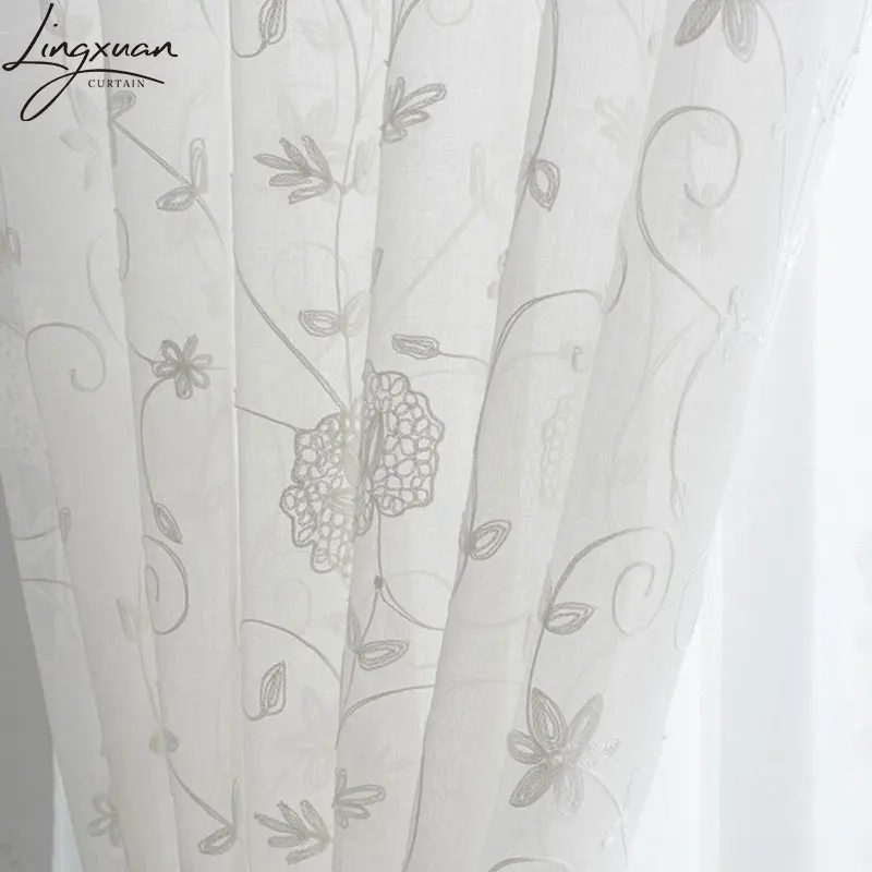 White Floral Sheer Curtain For Living Room Korean Embroidered Linen Tulle Window Curtains For Bedroom Kitchen Voile Blinds Door