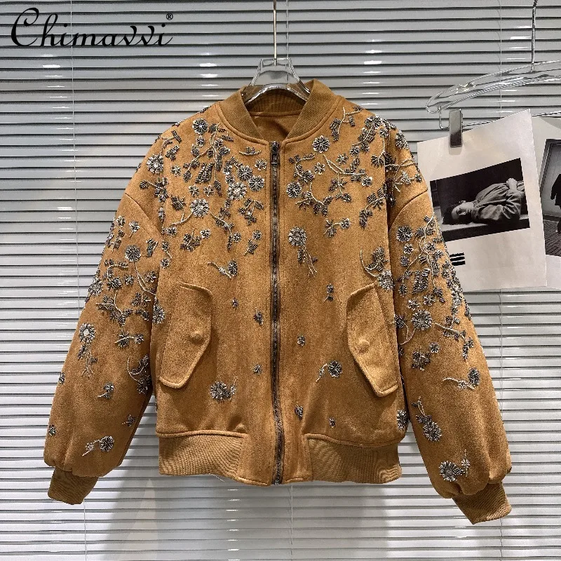

2025 зимняя новая ретро тяжелая замшевая куртка с вышивкой из бисера, свободная хлопковая стеганая куртка, модное теплое уличное пальто с длинными рукавами, топ