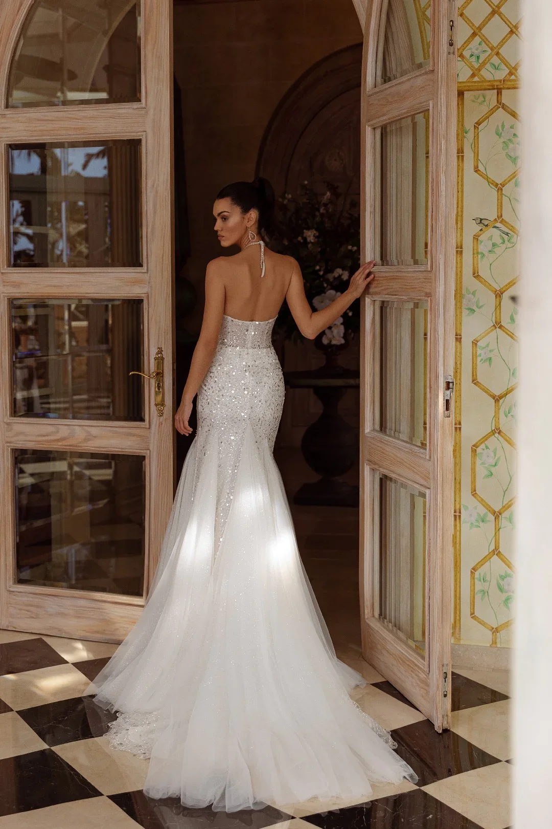 High-end Lace Beaded Dress 2023 Deep V-neck Thin Shoulder Slit Bag Hip Soft Net Loose Skirt Bridal Wedding Dress