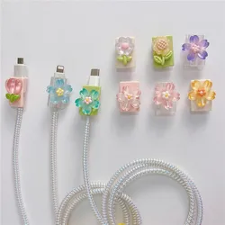 Colorful Flowers Cable Protector Cute Charger Protector Cable Winder Organizer Data Line Cord Protective Cover For iPhone Type C