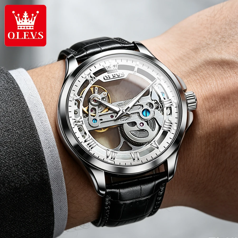 Olevs Skeleton Watch Mechanical Watch For Men Automatic Business Wristwatches Waterproof Leather Brand Classic Watch 6661