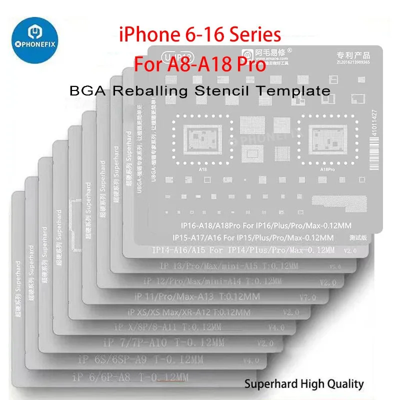 Многоцелевой трафарет для реболлинга BGA 0,12 мм со стальной сеткой для iPhone 11, 12, 13, 14, 15, 16 PRO MAX IC Chip, жестяной шаблон для посадки процессора
