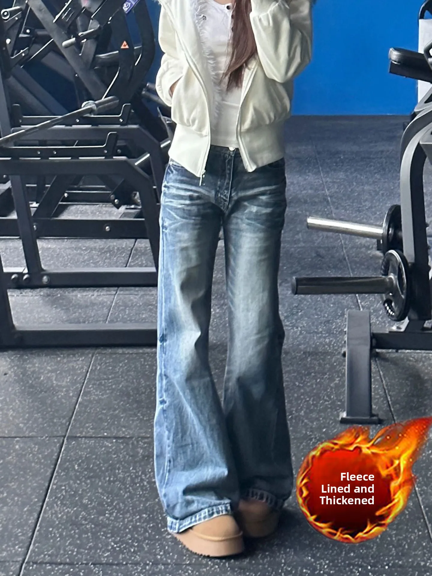 

Retro American Blue Fleece Lined Thick Wide Leg Jeans Women's Autumn Winter New Loose Large Size Draping Long Pants