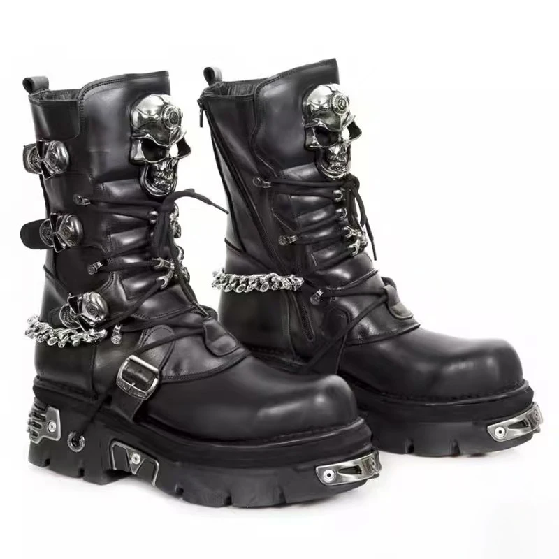 Fashion Men's Genuine Leather Motorcycle Boots Goth Skull Punk New Unisex Mid-calf Cowboy Boots Metallic Chain Combat Boots