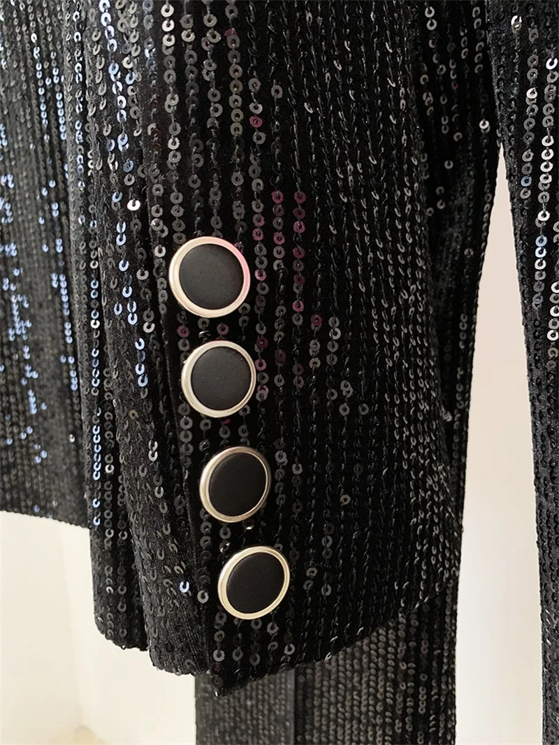 Ensemble blazer et pantalon à paillettes noires pour femmes, vêtements de travail formels pour femmes, veste élégante pour femme, manteau à double bouton, tenue de bureau