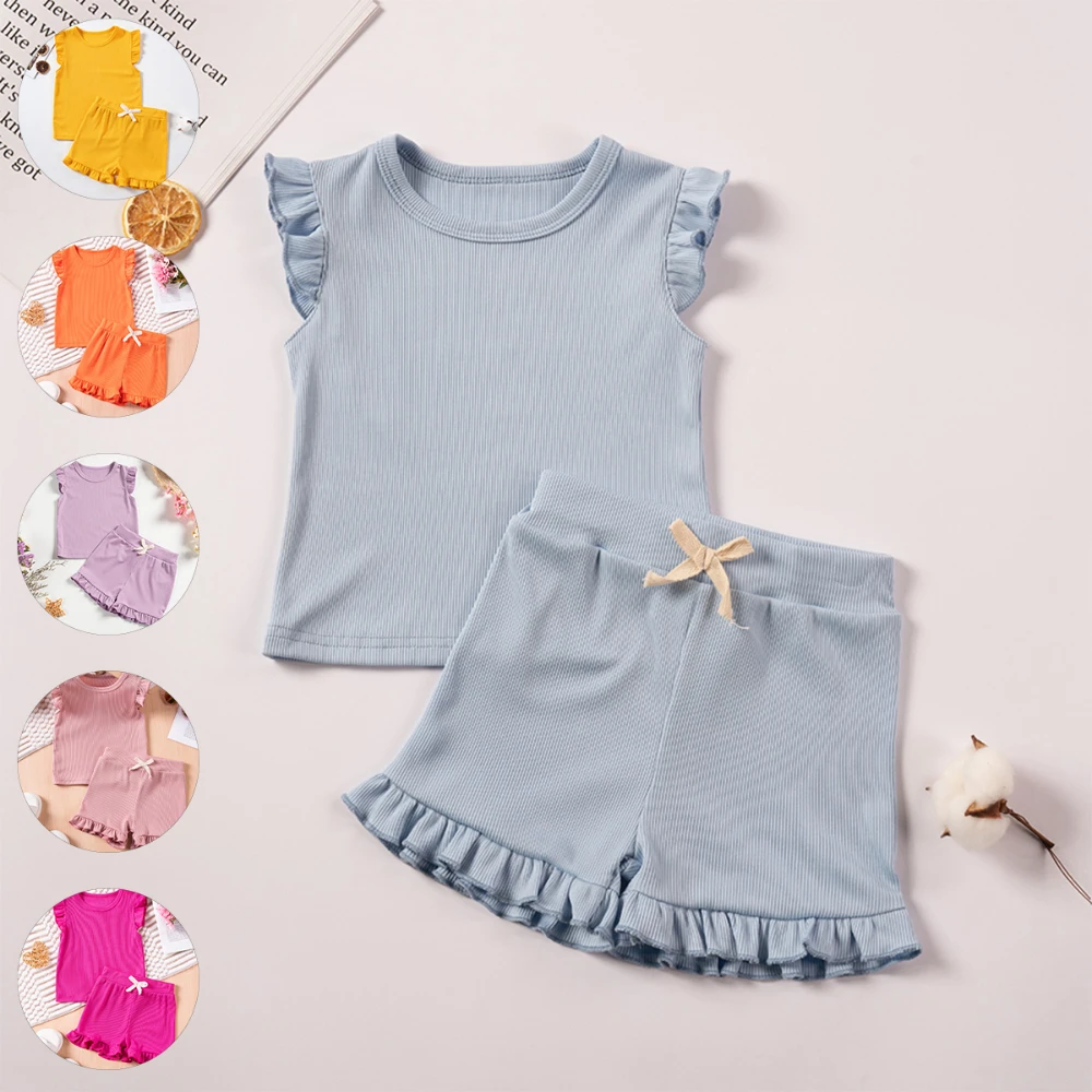 Summer Girl's Set Fashion Solid Color Children's Clothes Sweet Two Pieces Fly Sleeve Top + Bow Tie Decorative Shorts Comfortable