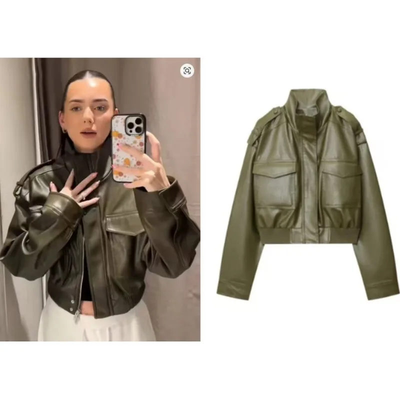 

Women's autumn leather high neck long sleeved zipper pocket women's jacket casual women's unique top