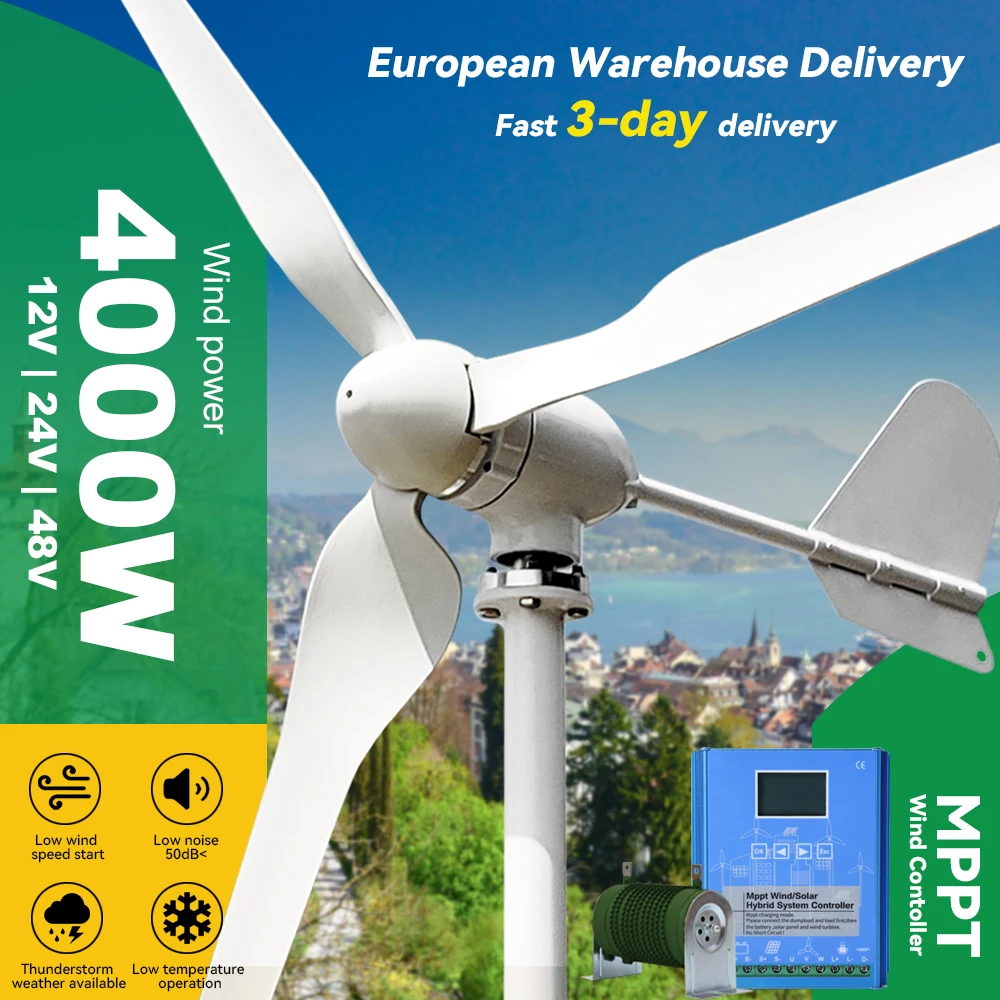 EU Delivery Wind Turbine Generator 4000w Power 3 Blades 12v 24v 48v With Mppt/Hybrid Charge Controller For Yacht Farm Home Use