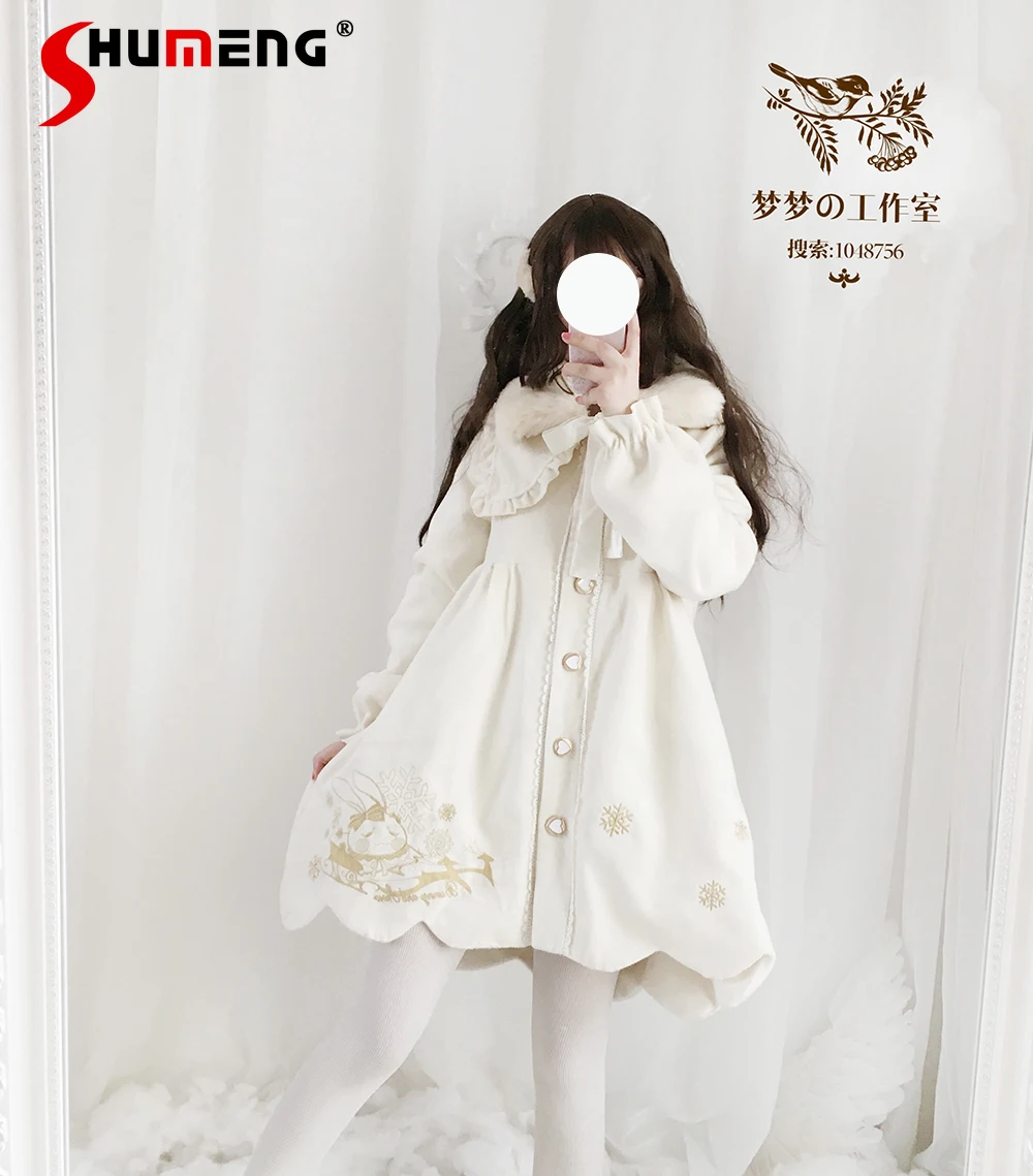 Japanese Sweet Autumn Jackets for Women with Fur Collar Winter Clothes Lolita Embroidered Cloak Woolen Thickened Coat Female