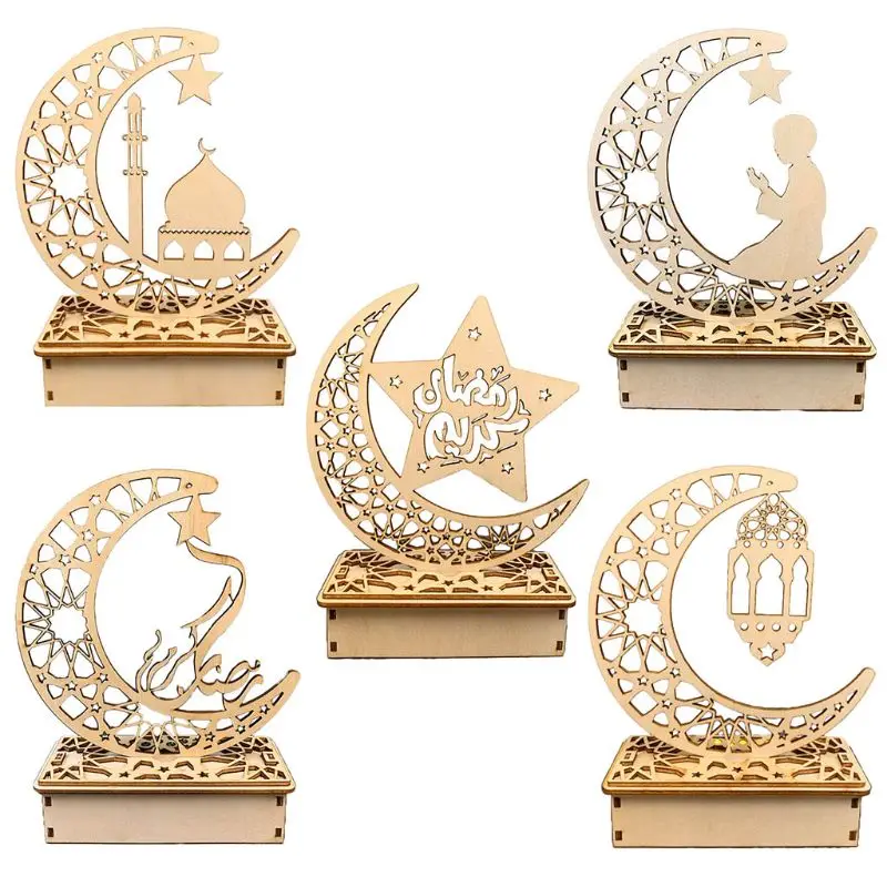 2022 New Eid Mubarak Ramadan DIY Wooden LED Decorative Light Moon Mosque Star Islam Hanging Pendant Home Room Table Craft