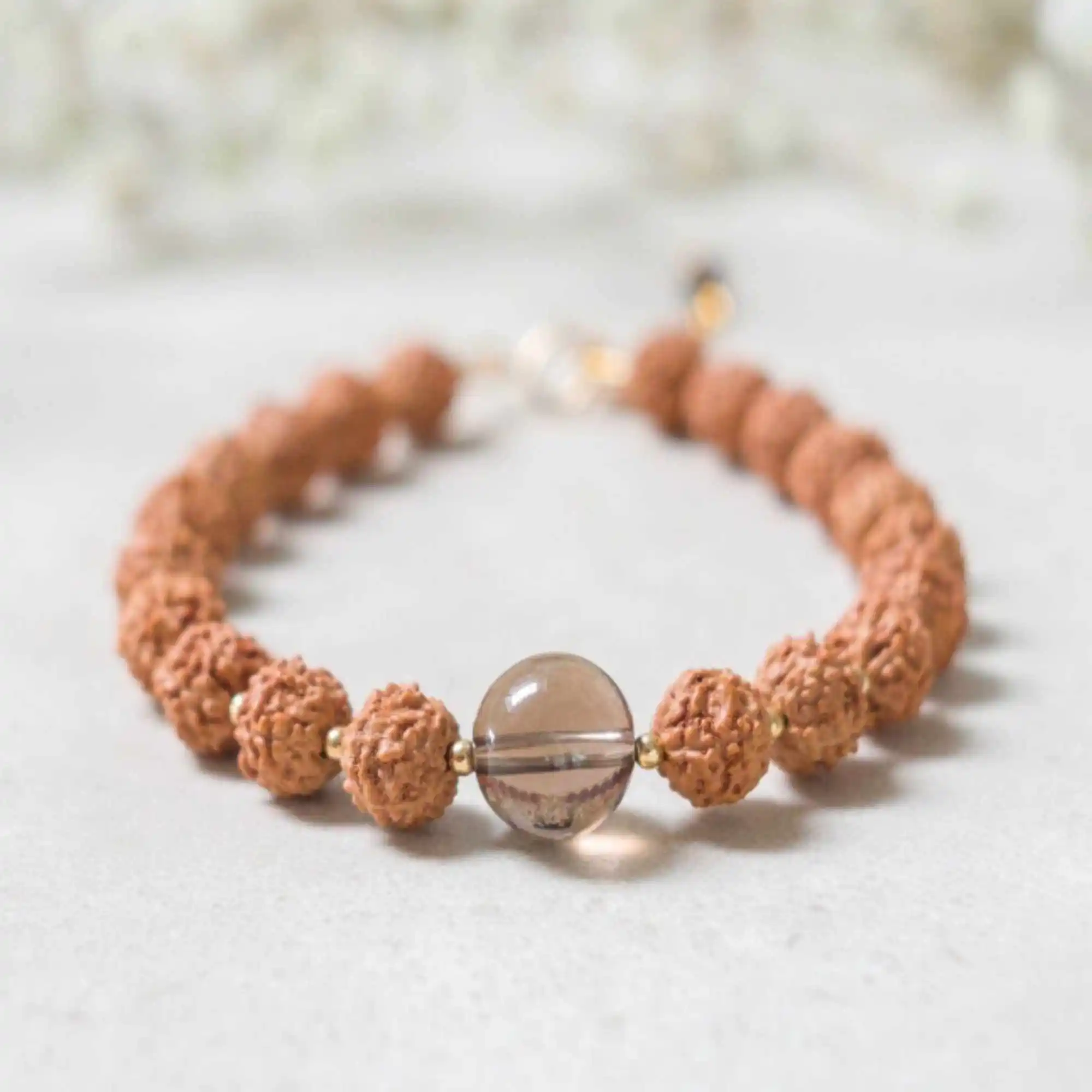 

8mm Natural brown Rudraksha white Smoky Quartz 14K gold fill bracelet Mental Meditation Pray Seven Chakras Beaded Prayer Yoga