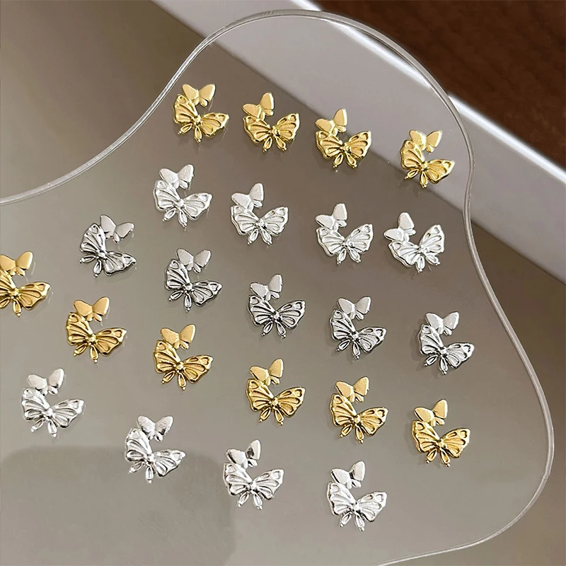 10 قطعة فراشة مزدوجة سبيكة مسمار الفن سحر الذهب/الفضة/الأبيض الأظافر زينة مجوهرات فاخرة ثلاثية الأبعاد مسمار الملحقات شقة الظهر #4