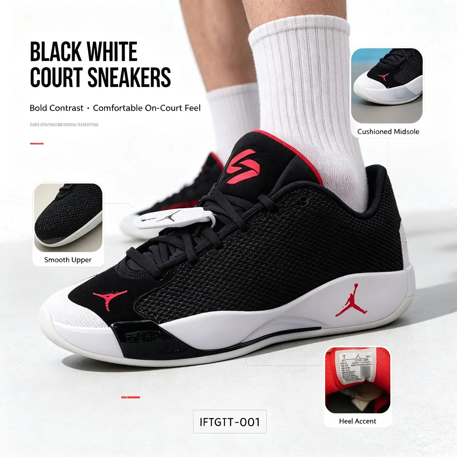 Nike Brandname Black White Red Court Sneakers Bold Contrast Low-Top Sports Shoes Smooth Upper Cushioned Non-Slip Casual Sneakers - view 6