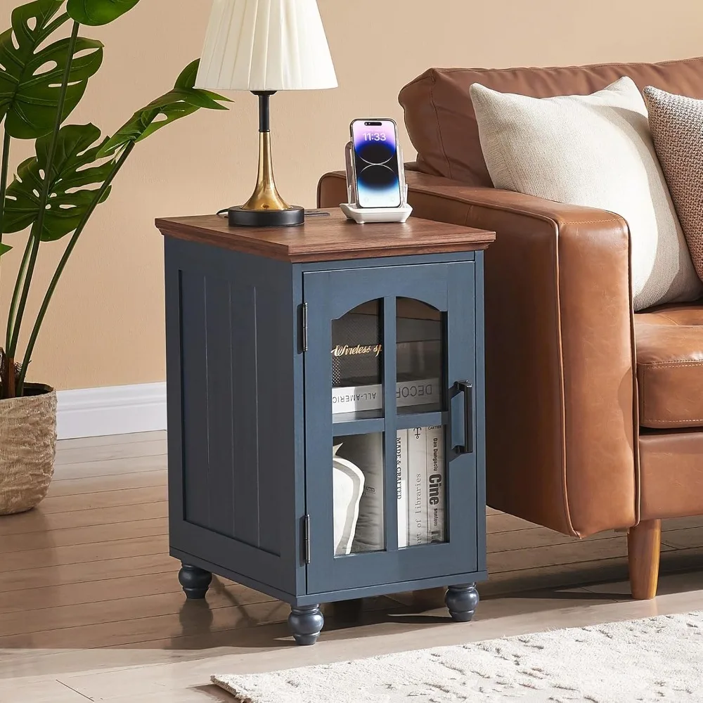 

Narrow Side Table,Farmhouse Nightstand with Charging Station