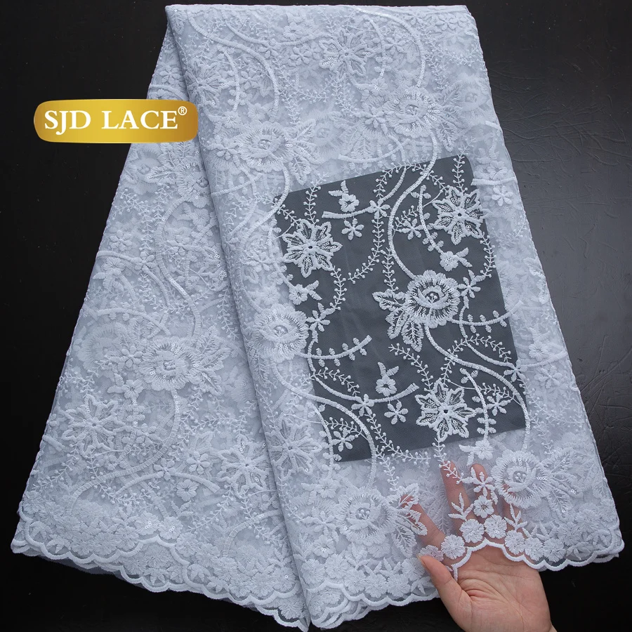 SJD LACE Pure White French Milk Silk Lace Fabric with Sequins 2025 Latest African Mesh Lace for Women Wedding Party Dresses Sew