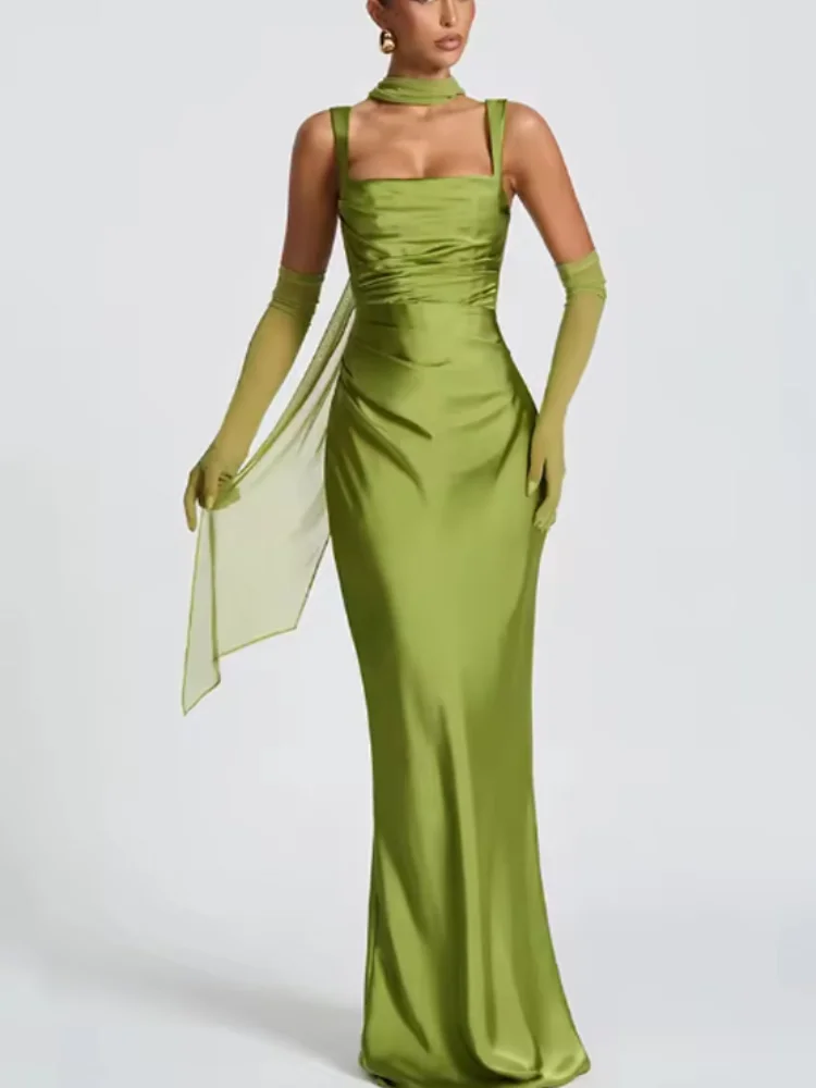 Elegant Scarf Collar Sling Women Summer Dress Solid Sleeveless Off-shoulder Slim Maxi Dresses 2026 Lady Chic Evening Party Gown