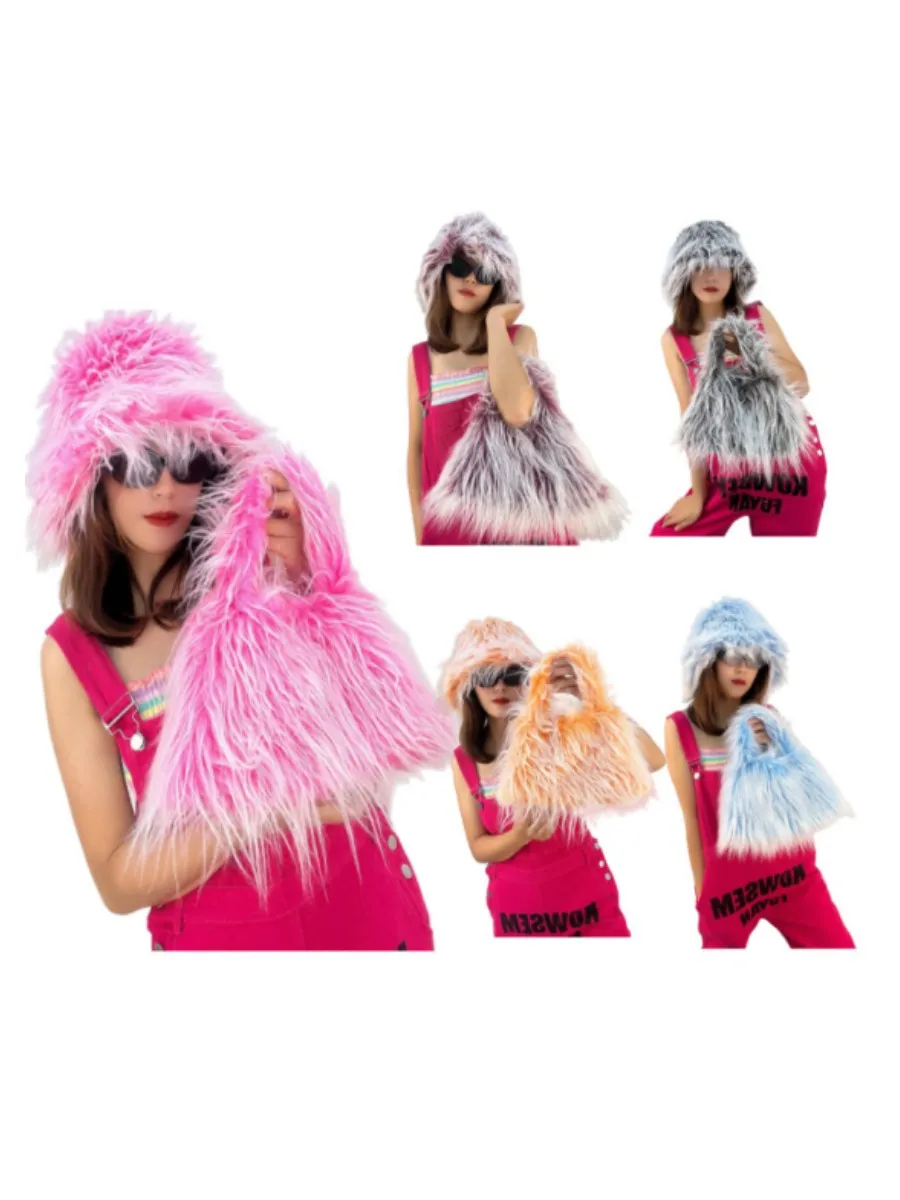 Bolso de color caramelo, bolso de pescador, sombrero de lana de piel sintética, traje punk y2k