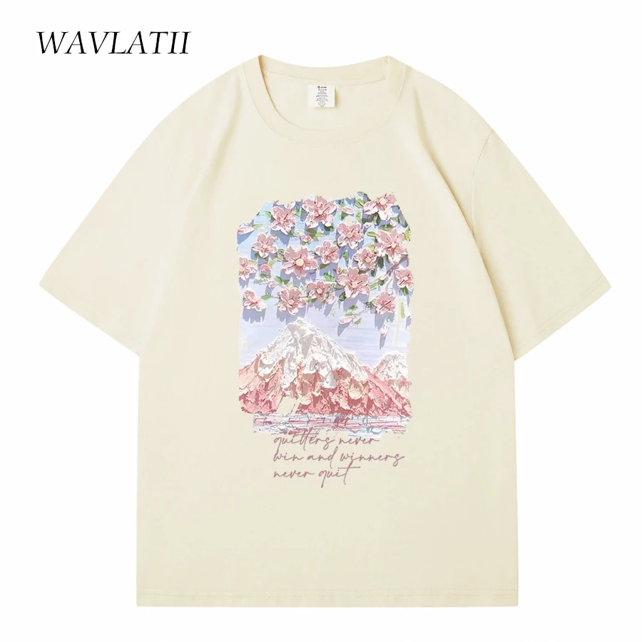 WAVLATII Women 100% Cottom Summer T shirts Female Lavender Streetwear Printed Tees Lady Green Casual Short Sleeve Tops WT2328