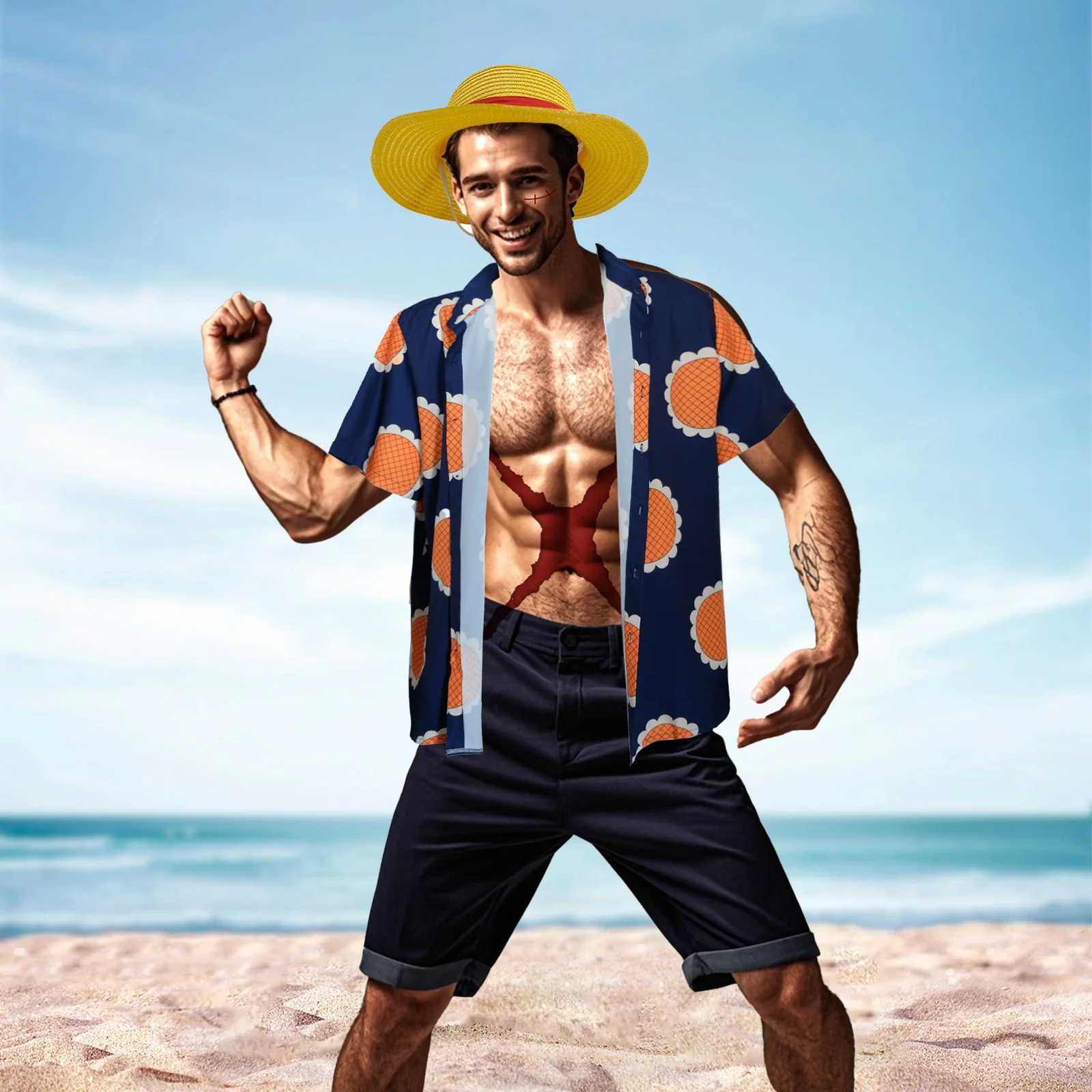 

Anime Monkey D Luffy Cosplay Costume Women Men Sunflower Print Button Shirt Halloween Party Monkey D Luffy Straw Hat Shirt Suib