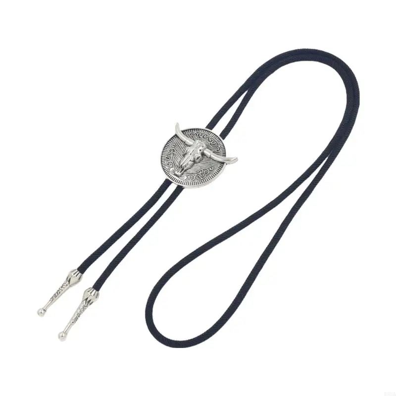 E56A Adjustable Length Rope Bolo Tie with Bullhead Pendant for Men's Various Occasion