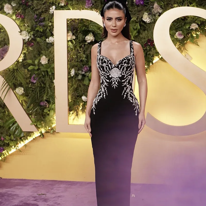 

Elegant Summer Women Celebrity Sexy V Neck Dresses Black Beading Maxi Long Bodycon Bandage Dress Evening Club Party Dress 2025