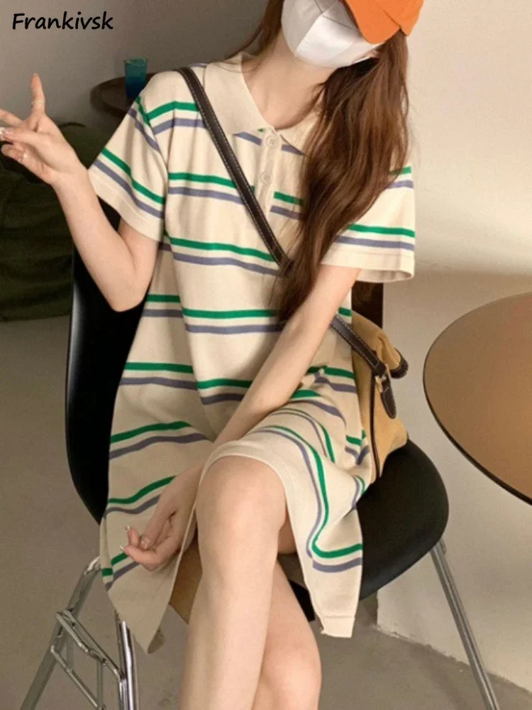 

Dresses Women Brightly Striped All-match Students Vitality Panelled Fashion Holiday Summer Leisure Korean Style Chic Sundress