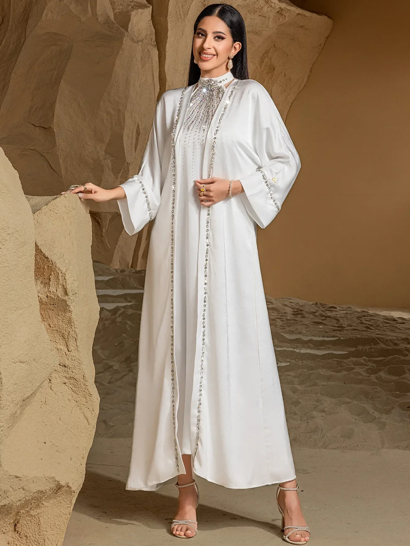 

2PCS Morocco Kaftan Diamonds Abaya Muslim Sets Women Kimono Jalabiya Eid Djellaba Ramadan Kebaya Caftan Femme Robe Evening Dress