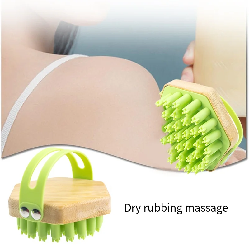 Multifunctional Bamboo and Wood Silicone Shampoo Brush Hexagon Dual Use Wet and Dry Scalp Cleaning Massage Body Exfoliator Tool