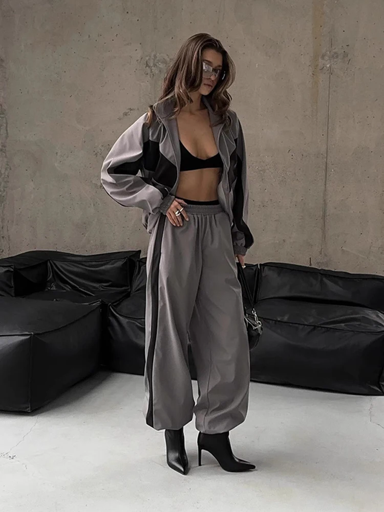 Getäfeltes, langärmliges, übergroßes Oberteil, Hosen-Sets für Damen, Streetwear, Laternenärmel, Reißverschluss, lockerer Mantel, Hose mit weitem Bein, modische Sportbekleidung – Detail 3