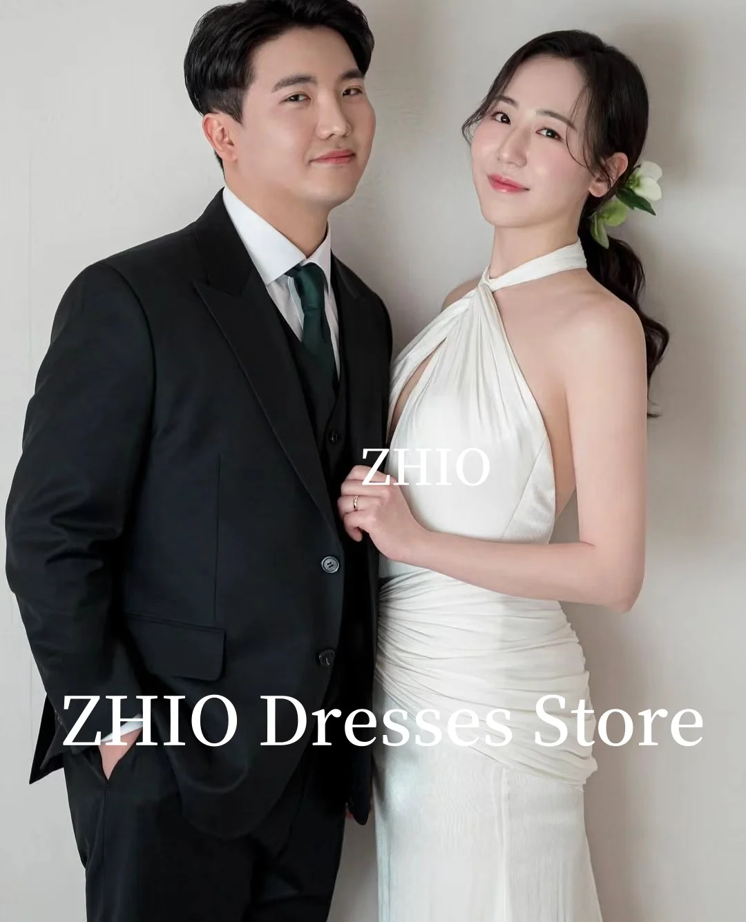 ZHIO Elegantes Hochzeitskleid, Neckholder, Ausschnitt, rückenfrei, Falten, bodenlang, formelles Anlasskleid, Korea, Fotoshooting, individuell