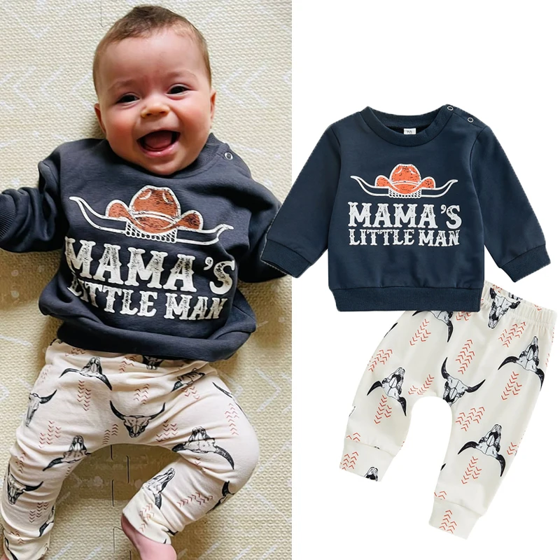 

2022-08-10 Lioraitiin 0-4Years Toddler Kid Boy Pants Suit Long Sleeve Button Cartoon Letters Shirt Long Ox Head Print Pants