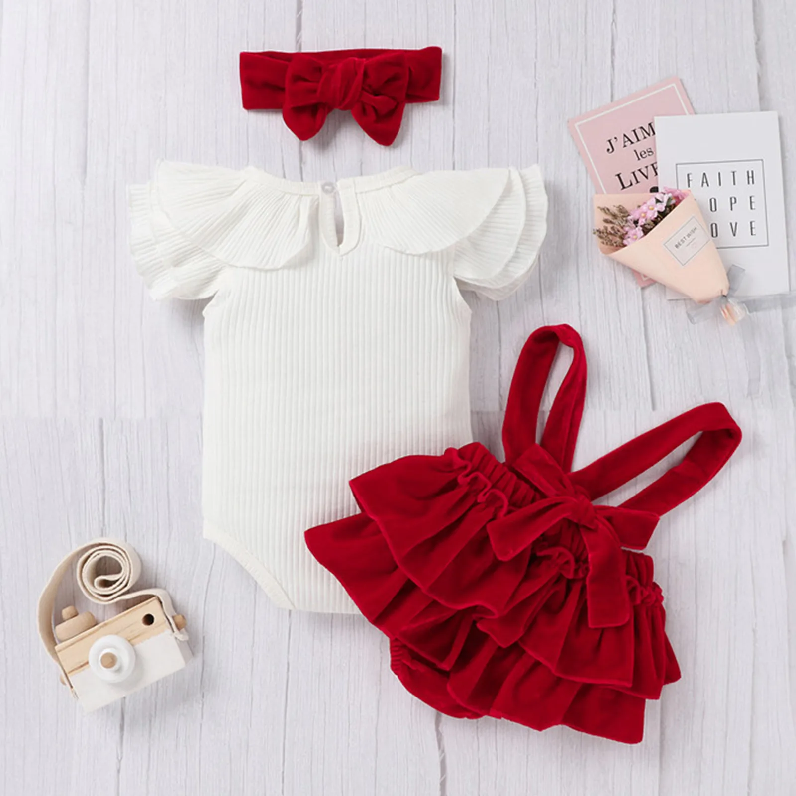 Newborn Baby Girls Lovely Clothes Sets 3 pcs Flying Sleeve Ruffled Romper Velvet Suspender Shorts Headband Sets 0-12 Months