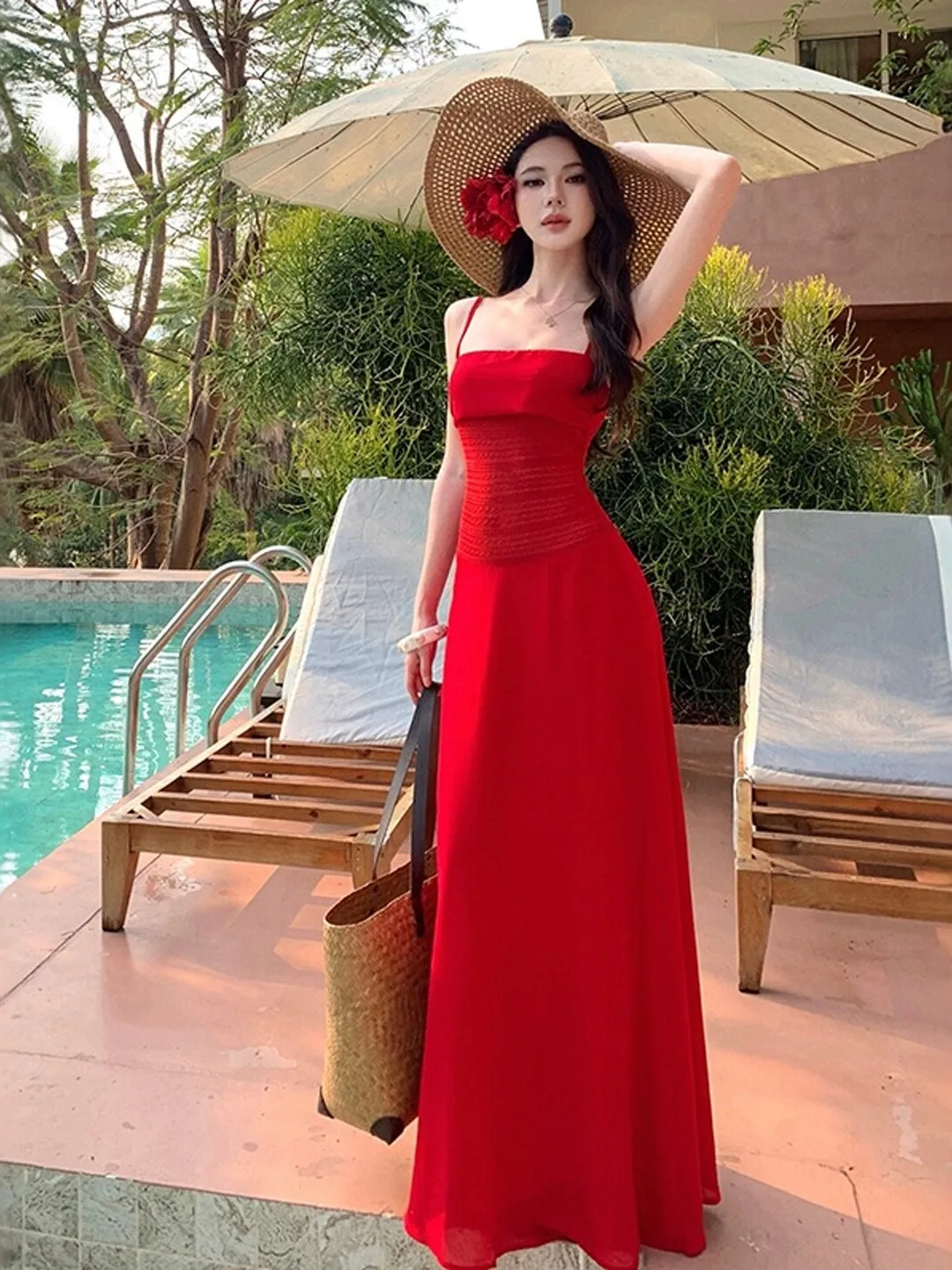 

Beachy Gentle Red Off-Shoulder Dress Unique Slim-Fit Summer Cotton Vintage Style Pure Color Waist-Cinched Sleeveless V-Neck
