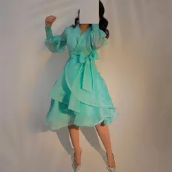 BridalAffair Short Mint Green Organza Pleated V-Neck Evening Dresses فساتين سهرة A-Line Long Sleeve Knee Length Prom Dresses