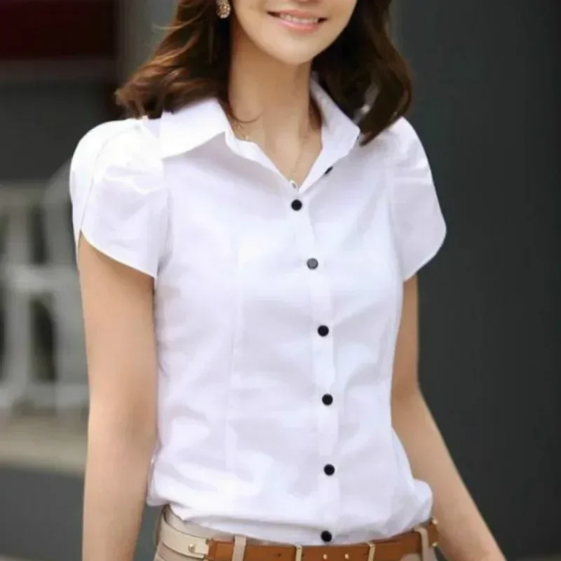 Women's Shirt 2024 Summer Women Top Female Black White Shirts Office Ladies Blouse OL Clothes Woman Short Sleeve Workwear