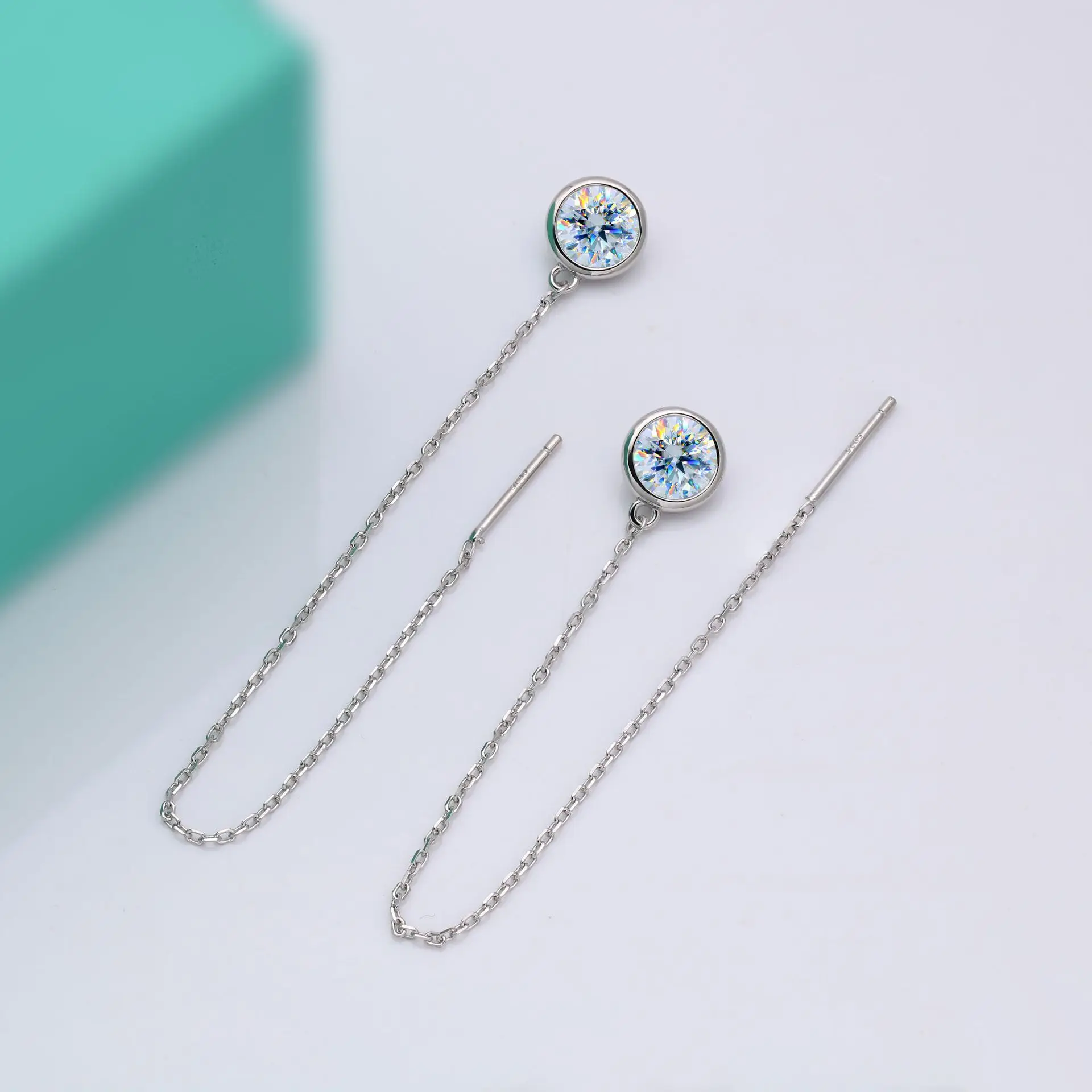 Platinum 950 Delicate and Exquisite Small Earrings Simple Round Bubble-Shaped Moissanite Long Fringe Studs