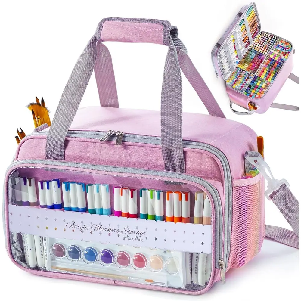 

Marker Organizer Case for 180-300 Markers, Acrylic Paint Organizer Bag with Divider & Brush Pockets – Portable Art Supply Storag