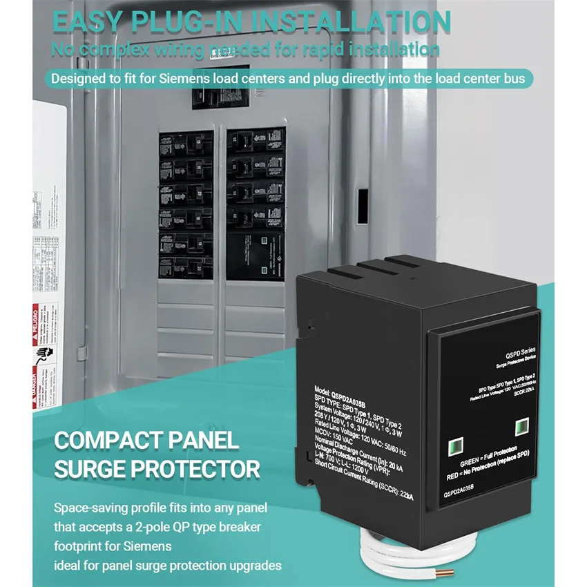 Ersatz Siemens QSPD2A035B 35kA Überspannungsschutzgerät für den Innenbereich, Überspannungsschutz für das ganze Haus, 2-polig, steckbar, 120/240V, mechanische Statusanzeige – Detail 3