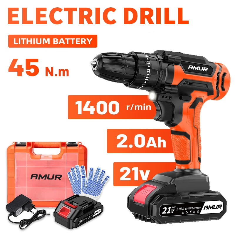 21V Cordless Drill 45N.m 25 Plus 1 Electric Screwdriver Keyless Chuck Two Gear Speed Wireless Power Driver Battery Tools