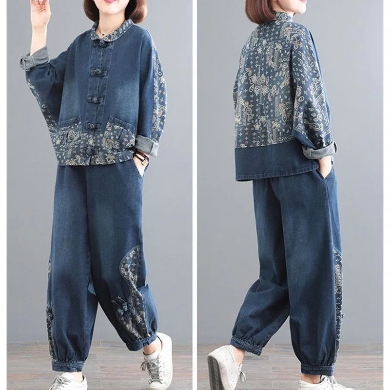

Korean Middle Aged Mother Long Sleeves Pants 2PCS Autumn Lady New Printing Denim Two-piece Set 2025 Women Leisure Cowboy Outfit