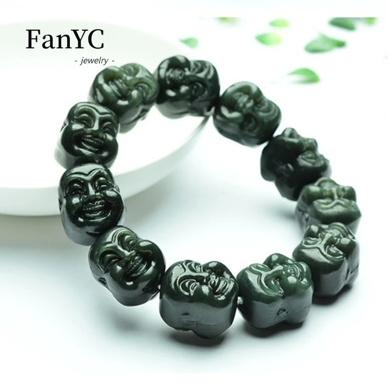 Natural Hetian Jade Bracelet Double-sided Carved Laughing Buddha Green Jade Bracelet Luxury Fashion Men's Jewelry Lucky Charms