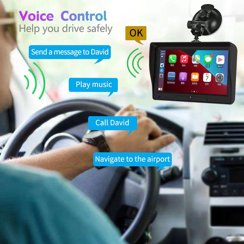 7 ''Wireless CarPlay GPS Navigation Monitor Android Auto Car Player 256G TF Card กันน้ํากล้องด้านหลังดู DVR